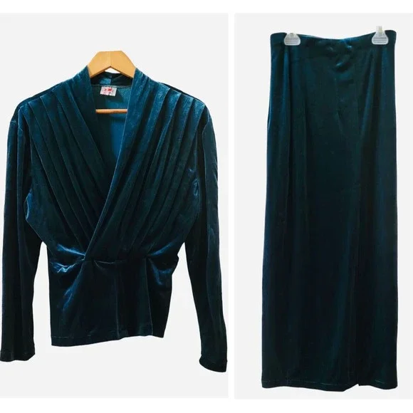Unbranded | Dresses | Vtg 2 Pc Dark Green Velvet Elastic Waist Long Sleeve  Midi Dress Set Size Medium | Poshmark